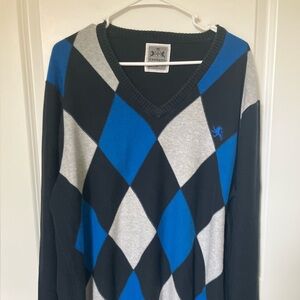Express Men’s Argyle V-Neck Sweater, Black, Blue & Grey, X-Large